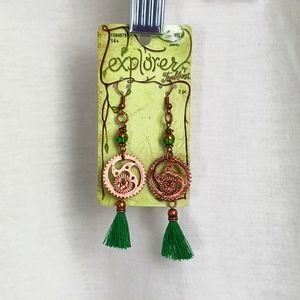 New Explorer Cooper Tone Steampunk style gears & green tassels dangling earrings